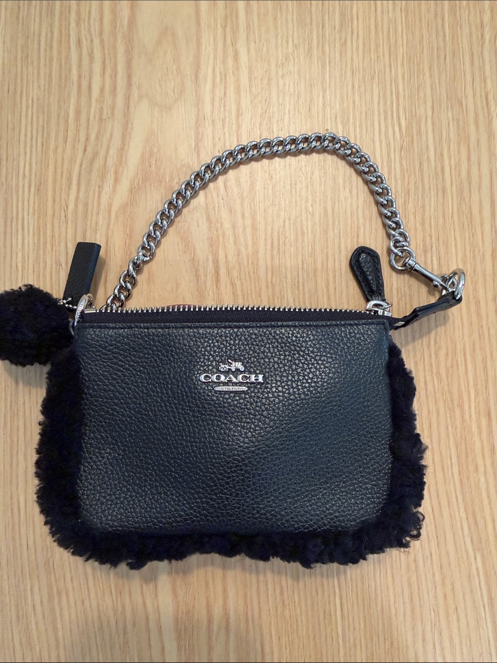 Coach Black Leather Mini Wristlet with Shearling Trim